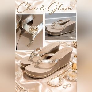 GUESS Y2K Glam Metallic Wedge Sandals Rhinestone Heart Logo Summer Aesthetic